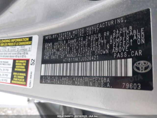 4T1B11HK1JU526421 Toyota a25a-fks
