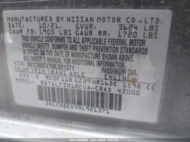 3N1CN8EV7ML921371 Nissan Versa Sv Xtronic Cvt