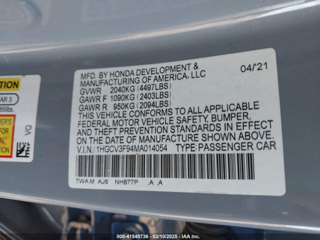 1HGCV3F94MA014054 Honda Accord Hybrid Touring