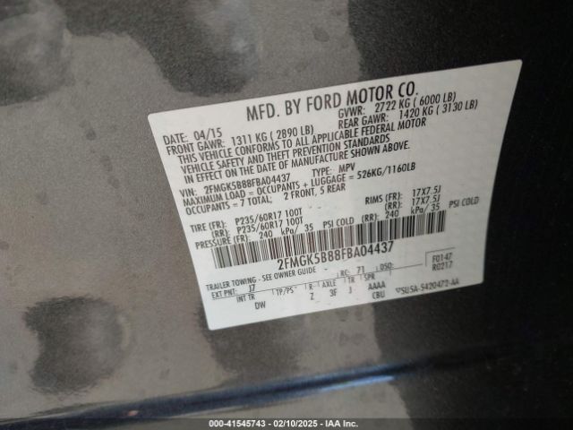 2FMGK5B88FBA04437 Ford FLEX SE
