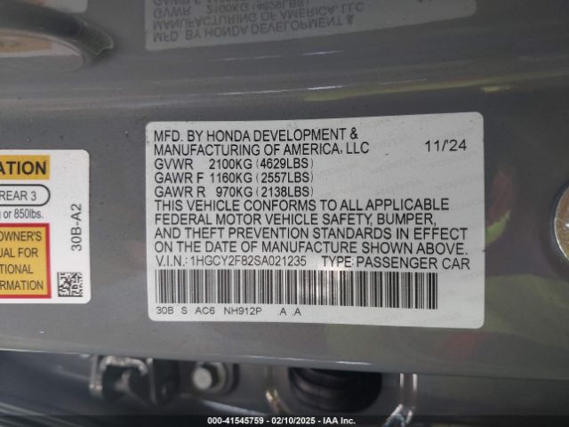 1HGCY2F82SA021235 Honda Accord Hybrid Touring