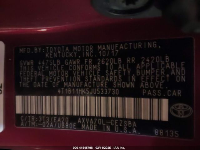 4T1B11HK5JU533730 Toyota CAMRY SE