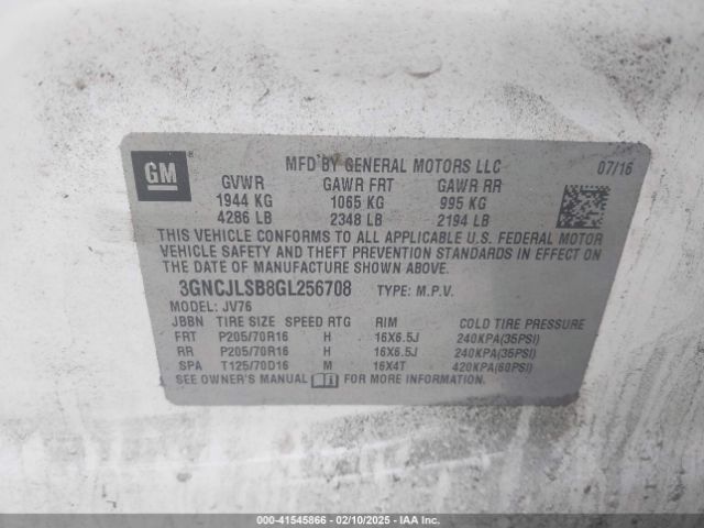 3GNCJLSB8GL256708 Chevrolet Trax Lt