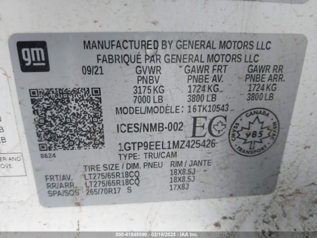 1GTP9EEL1MZ425426 GMC Sierra 1500 4wd  Short Box At4/4wd  Standard Box At4