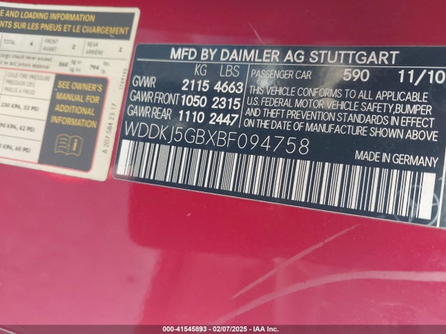 41545893 :رقم المزاد ، WDDKJ5GBXBF094758 vin ، 2011 Mercedes-benz E 350 مزاد بيع