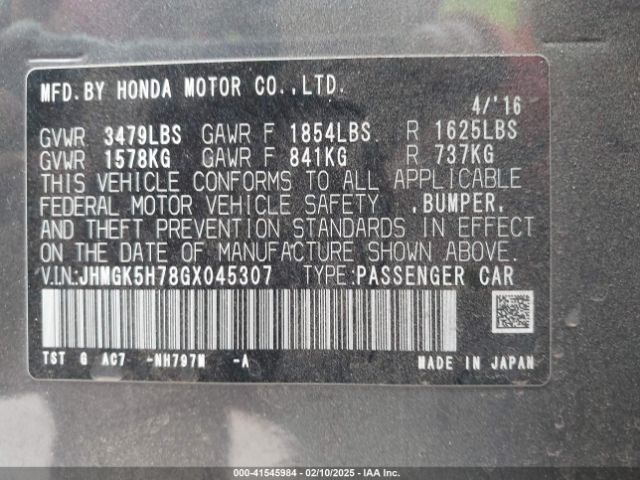 JHMGK5H78GX045307 Honda FIT EX