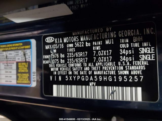 5XYPGDA59HG195257 KIA Sorento 3.3l Lx