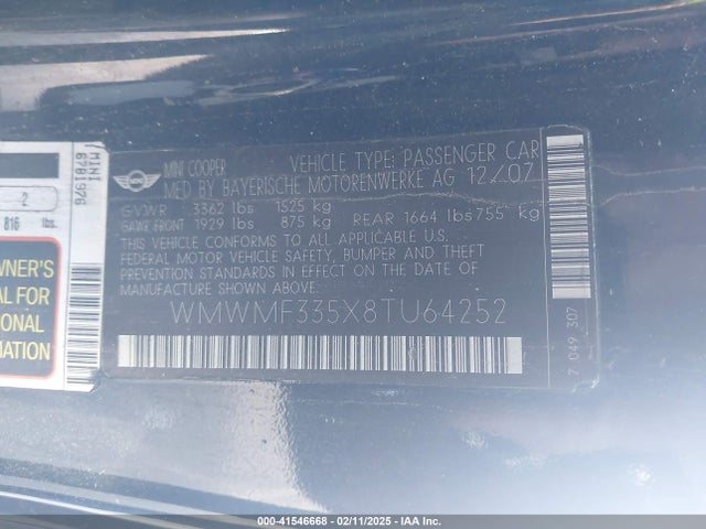 2008 MINI COOPER WMWMF335X8TU64252 Photo 8
