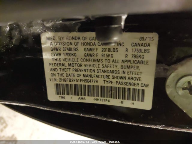 Honda Civic Lx 2015 2HGFB2F51FH564779 Image 9