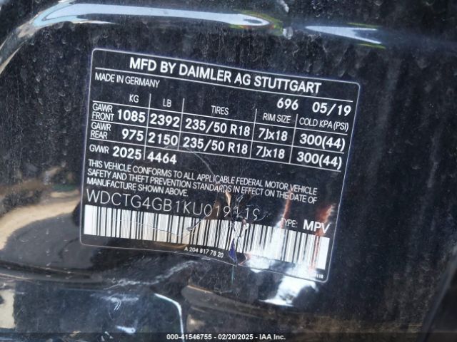 WDCTG4GB1KU019119 Mercedes-Benz Gla 250 4matic