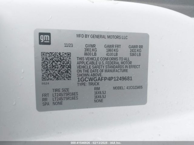 1GCWGAFP4P1249681 Chevrolet Express Cargo Rwd 2500 Regular Wheelbase Wt