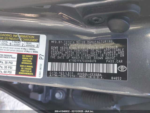 41546932 :رقم المزاد ، 4T1BD1FK7CU046476 vin ، 2012 Toyota Camry Hybrid Xle مزاد بيع