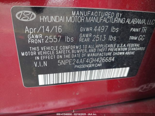 5NPE24AF4GH426684 Hyundai SONATA SE