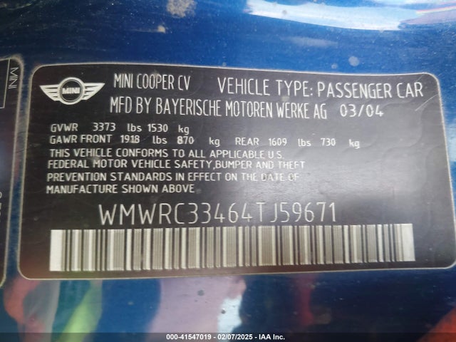 2004 MINI COOPER WMWRC33464TJ59671 Photo 8
