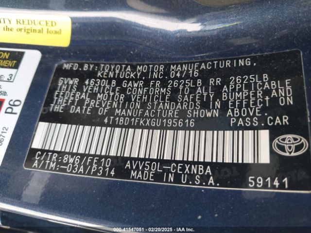 4T1BD1FKXGU195616 Toyota Camry Hybrid Le