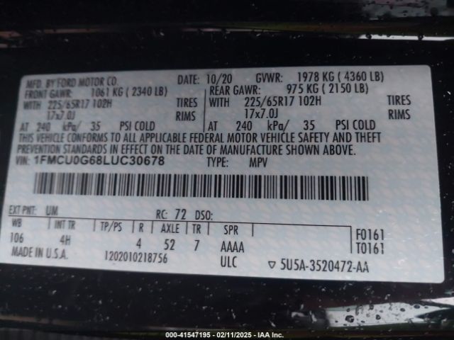 2020 FORD ESCAPE 1FMCU0G68LUC30678 Photo 8