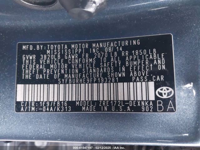 5YFBURHE9FP193281 Toyota Corolla Le Plus