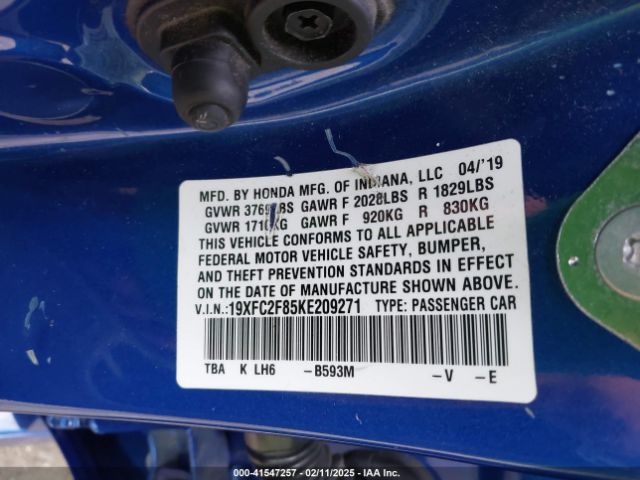 19XFC2F85KE209271 Honda Civic Sport