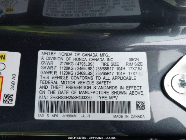 2HKRS4H25SH433320 Honda Cr-v Lx Awd
