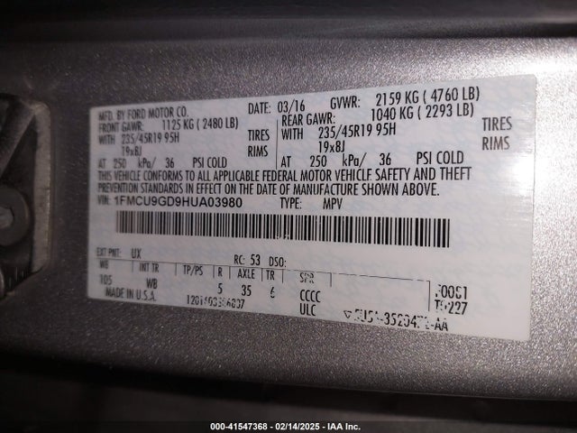 1FMCU9GD9HUA03980 Ford ESCAPE SE