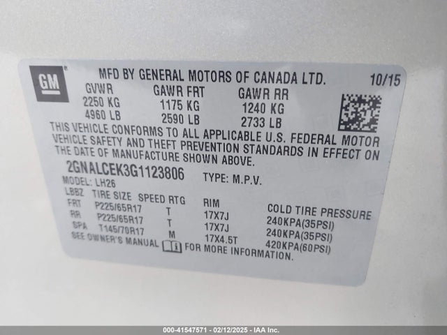 Chevrolet EQUINOX LT 2016 2GNALCEK3G1123806 Image 9