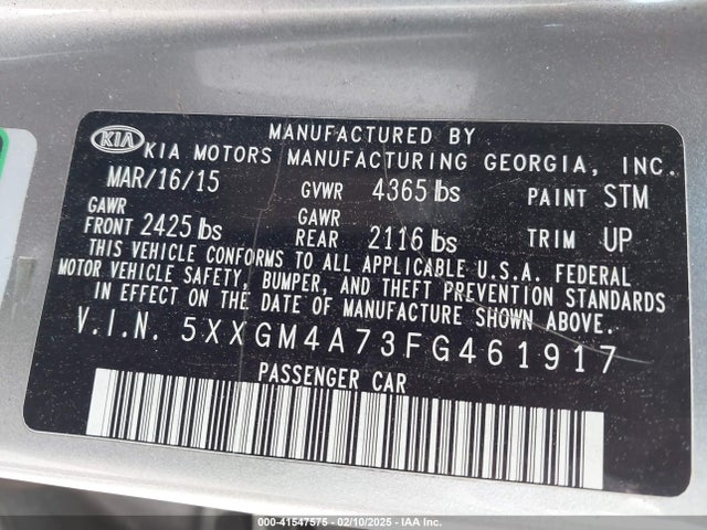 KIA Optima Lx 2015 5XXGM4A73FG461917 Image 9
