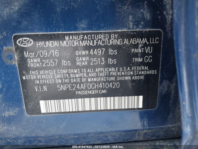 5NPE24AF0GH410420 Hyundai Sonata