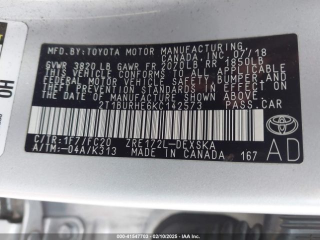 2T1BURHE6KC142573 Toyota COROLLA SE