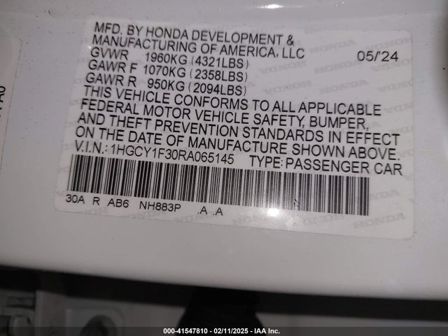 1HGCY1F30RA065145 Honda ACCORD EX