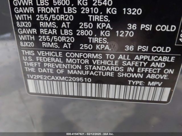 1V2PE2CAXMC209510 Volkswagen Atlas Cross Sport 3.6l V6 Se W/technology R-line