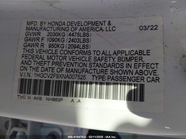 1HGCV2F9XNA007525 Honda Accord Touring
