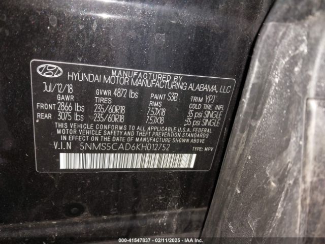 5NMS5CAD6KH012752 Hyundai Santa Fe Ultimate