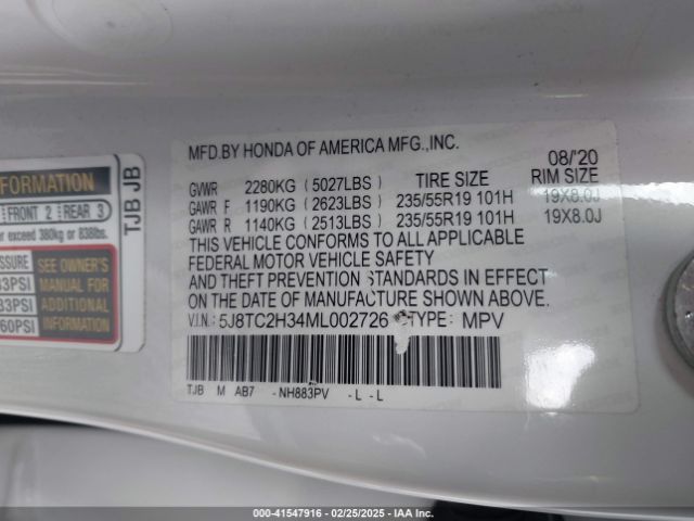 5J8TC2H34ML002726 Acura Rdx Standard