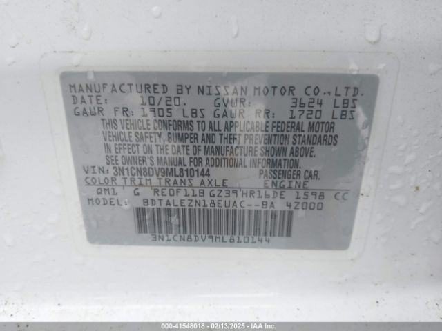 3N1CN8DV9ML810144 Nissan Versa S Xtronic Cvt