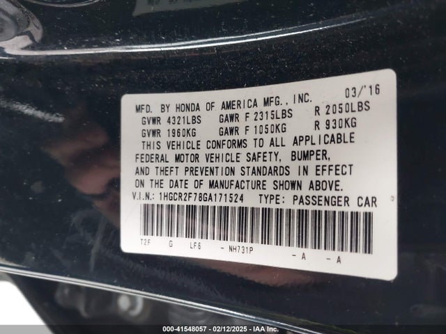 Honda ACCORD EX 2016 1HGCR2F78GA171524 Image 9