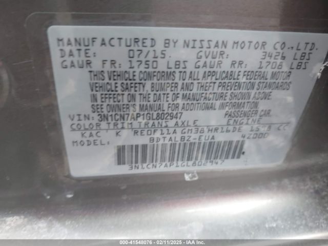 3N1CN7AP1GL802947 Nissan Versa 1.6 S/1.6 S+/1.6 Sl/1.6 Sv