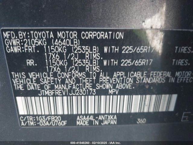 JTMBFREV1JJ230173 Toyota RAV4 LE