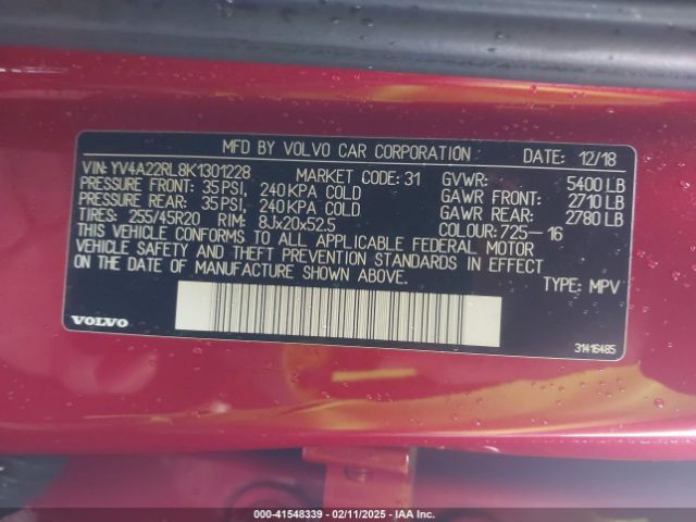 YV4A22RL8K1301228 Volvo Xc60 T6 Inscription
