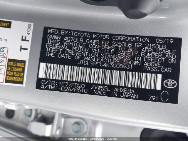 JTDL9RFU4K3008931 Toyota Prius Le