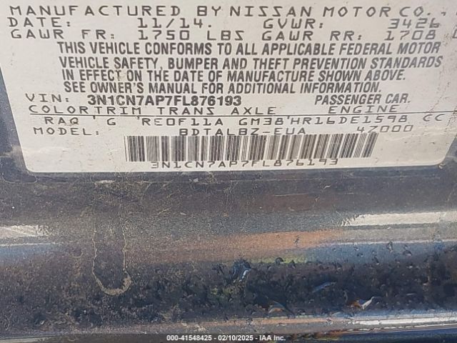 3N1CN7AP7FL876193 Nissan Versa 1.6 Sv