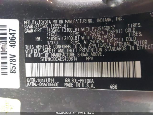 5TDYK3DC4ES439614 Toyota Sienna Xle V6 8 Passenger