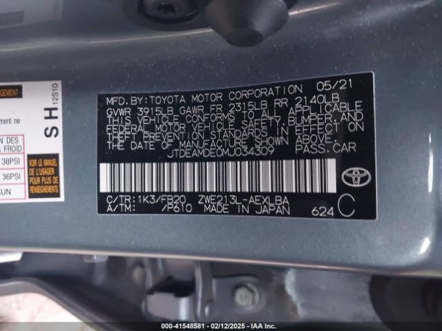 JTDEAMDE0MJ034309 Toyota Corolla Hybrid Le