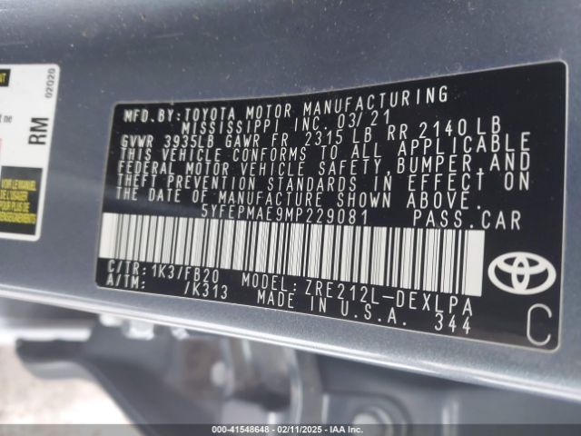 5YFEPMAE9MP229081 Toyota COROLLA LE