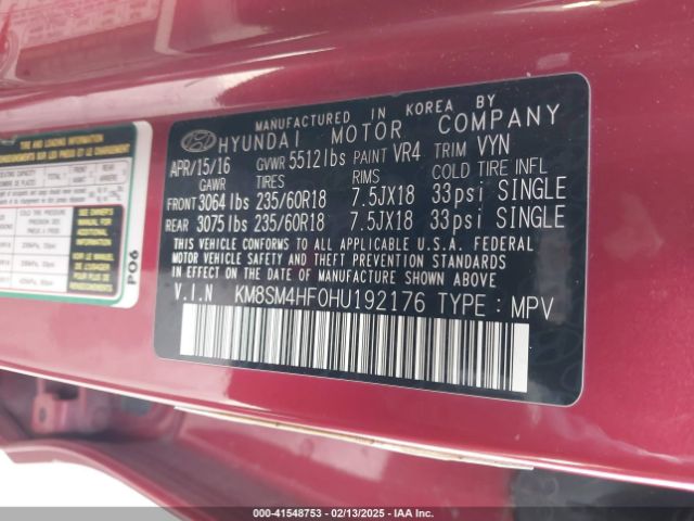 KM8SM4HF0HU192176 Hyundai Santa Fe Se
