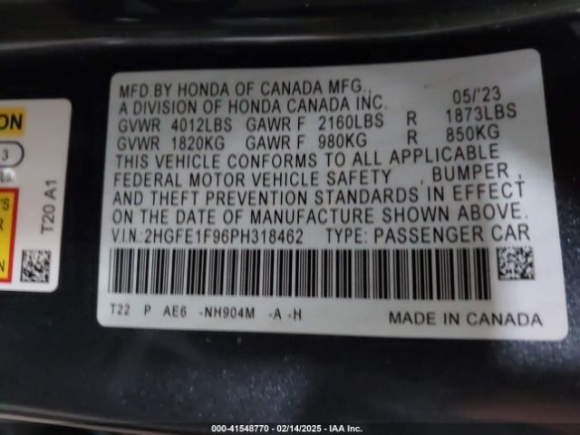 2HGFE1F96PH318462 Honda Civic Touring