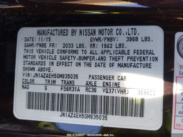 JN1AZ4EH5GM935035 Nissan 370z Nismo/nismo Tech/sport/sport Tech/touring