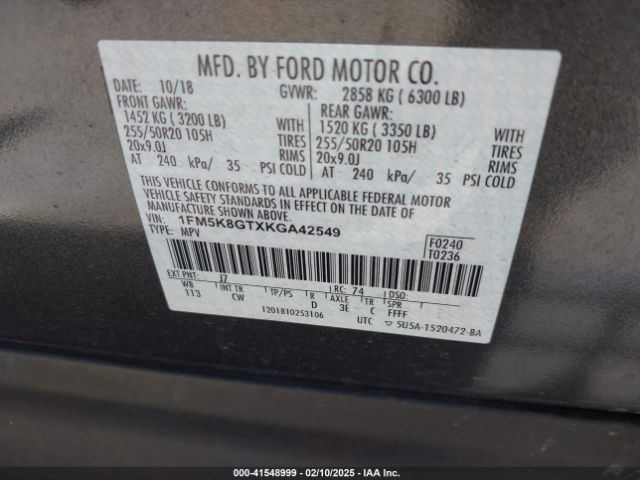 1FM5K8GTXKGA42549 Ford EXPLORER SPORT