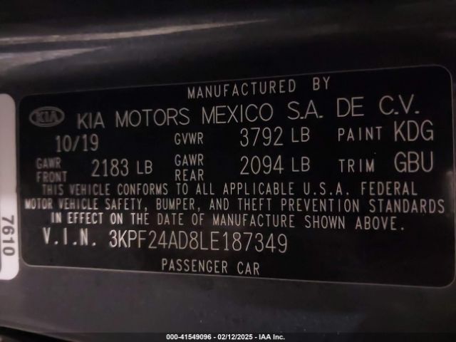 3KPF24AD8LE187349 KIA Forte Lxs