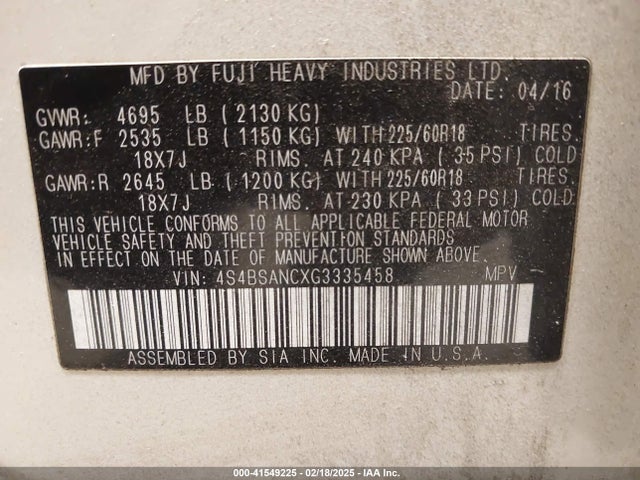 4S4BSANCXG3335458 Subaru Outback 2.5i Limited