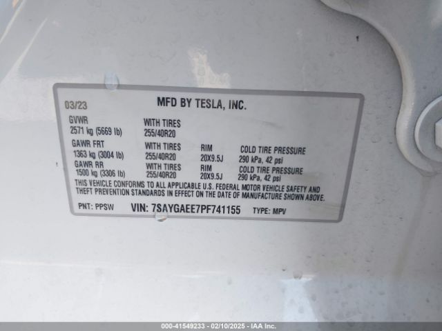 7SAYGAEE7PF741155 Tesla Model Y Awd/long Range Dual Motor All-wheel Drive